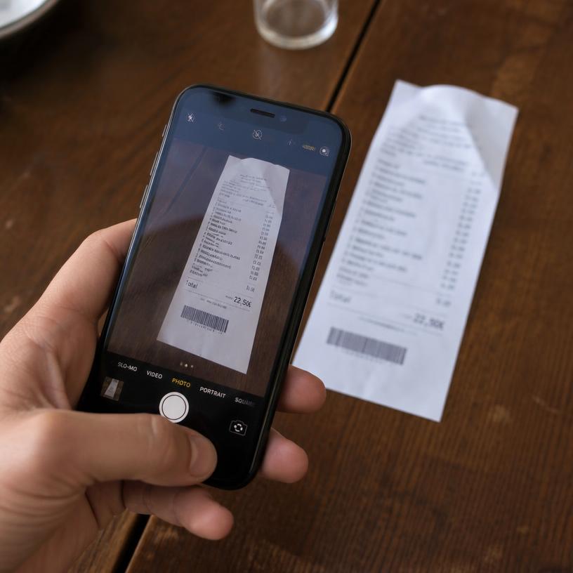 A hand photographing a paper bill with a phone
