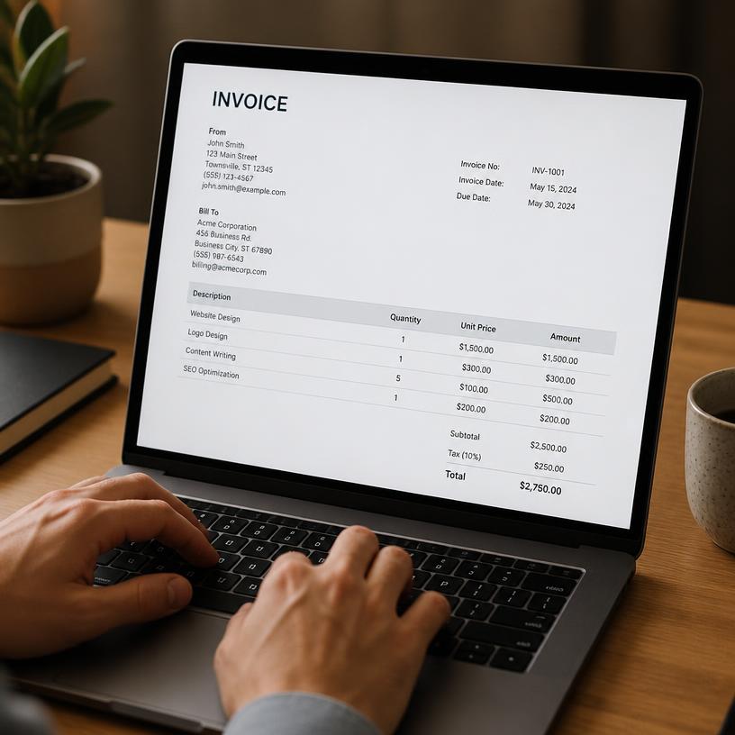Hands typing an invoice form on a laptop