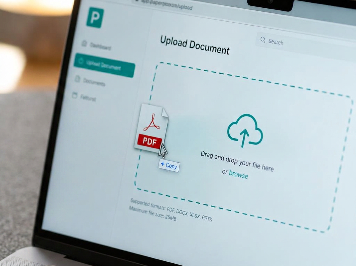 A hand dropping a PDF file into an upload area on a laptop