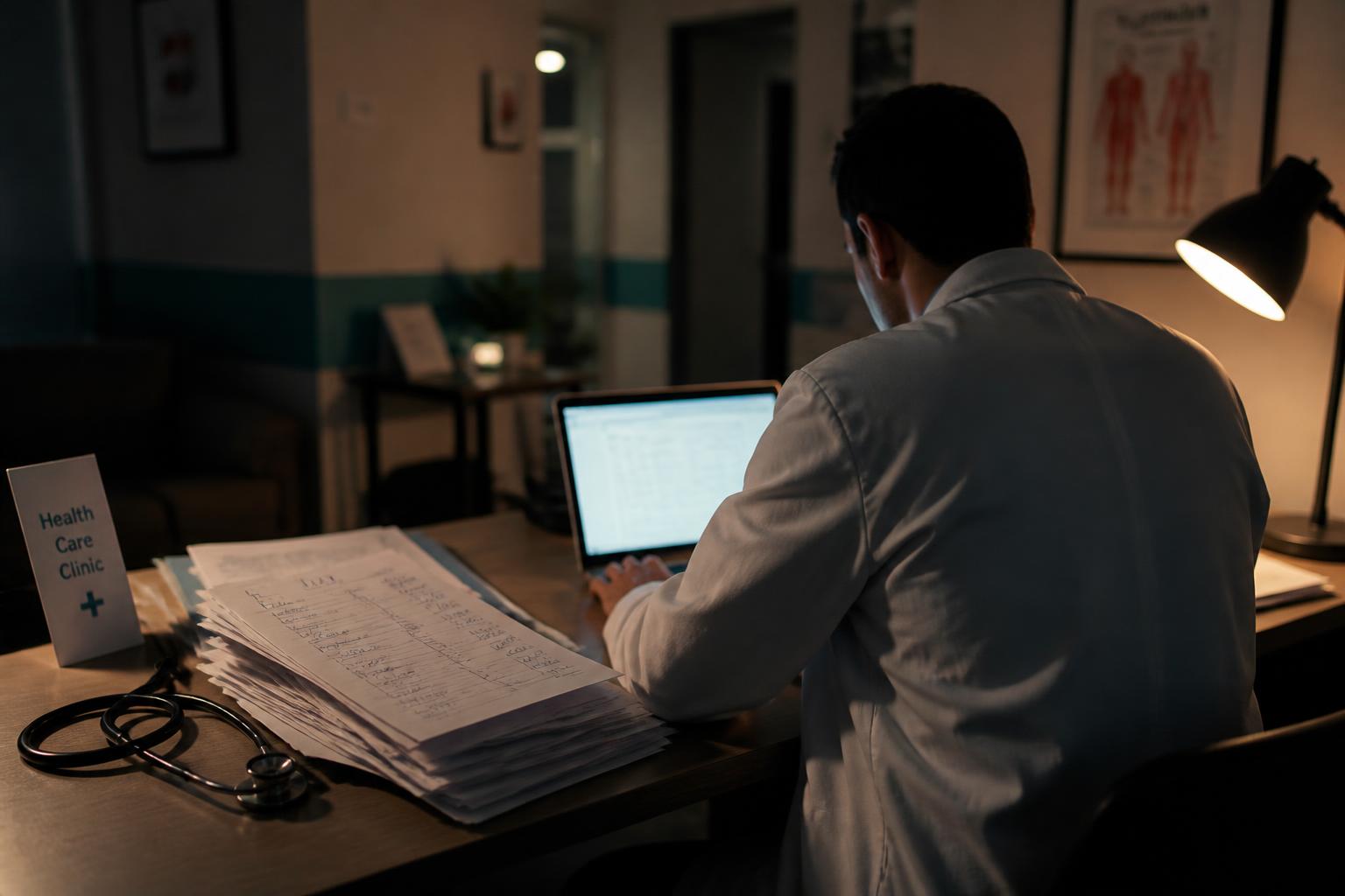 A doctor at a clinic desk after closing, with a stack of handwritten bills