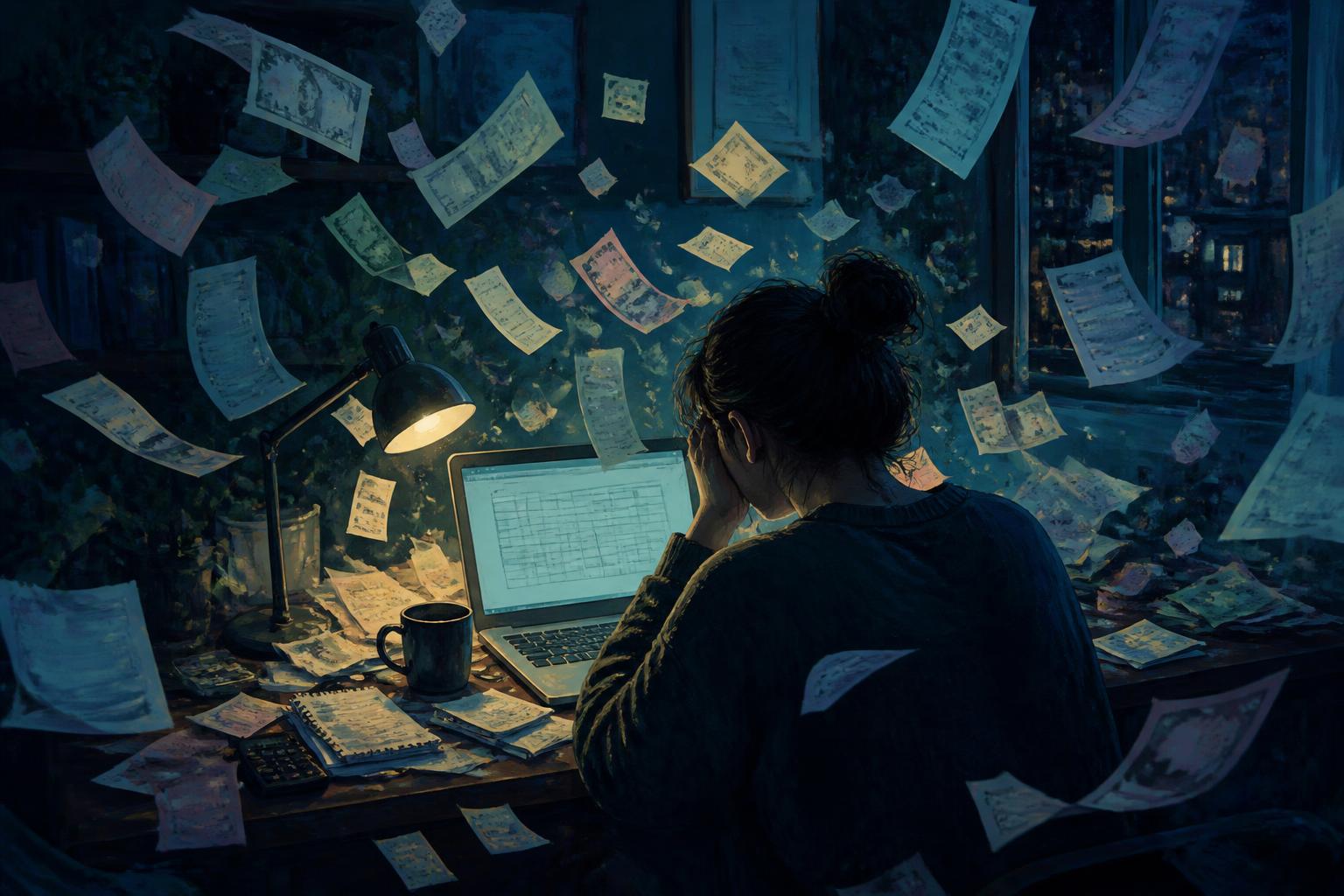 A consultant late at night surrounded by receipts in different currencies