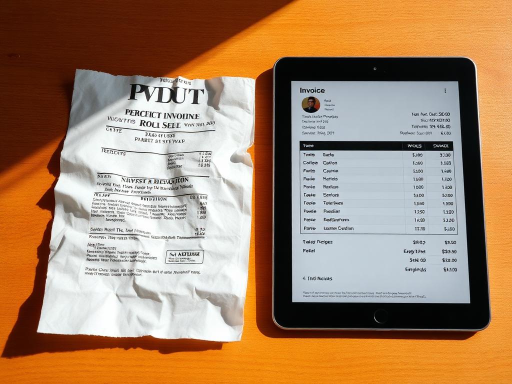 A crumpled paper receipt beside a tablet showing the same data as a clean invoice