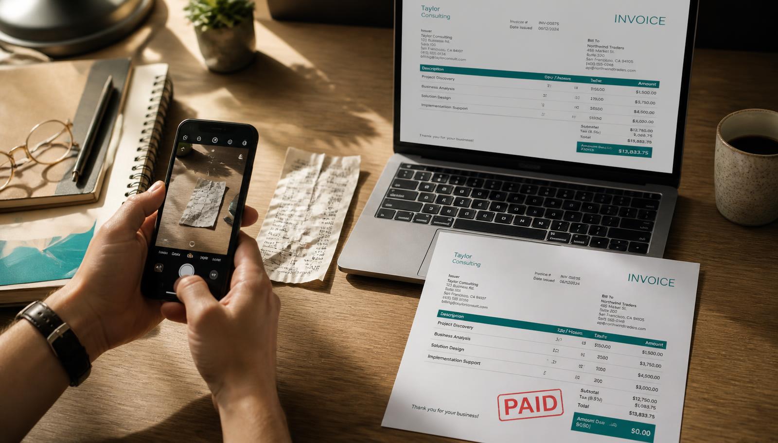 A phone photographing a paper bill beside a laptop showing the finished invoice and a printed invoice stamped PAID