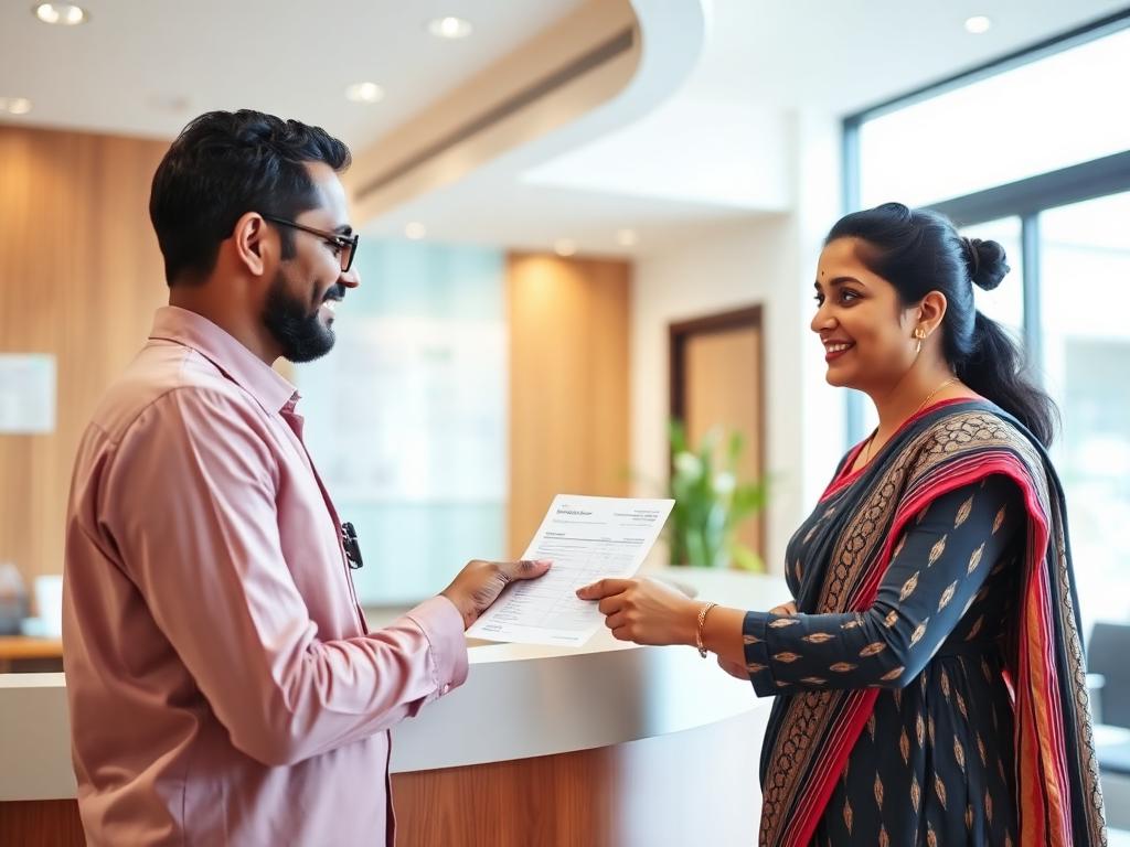A clinic receptionist handing a printed bill to a patient