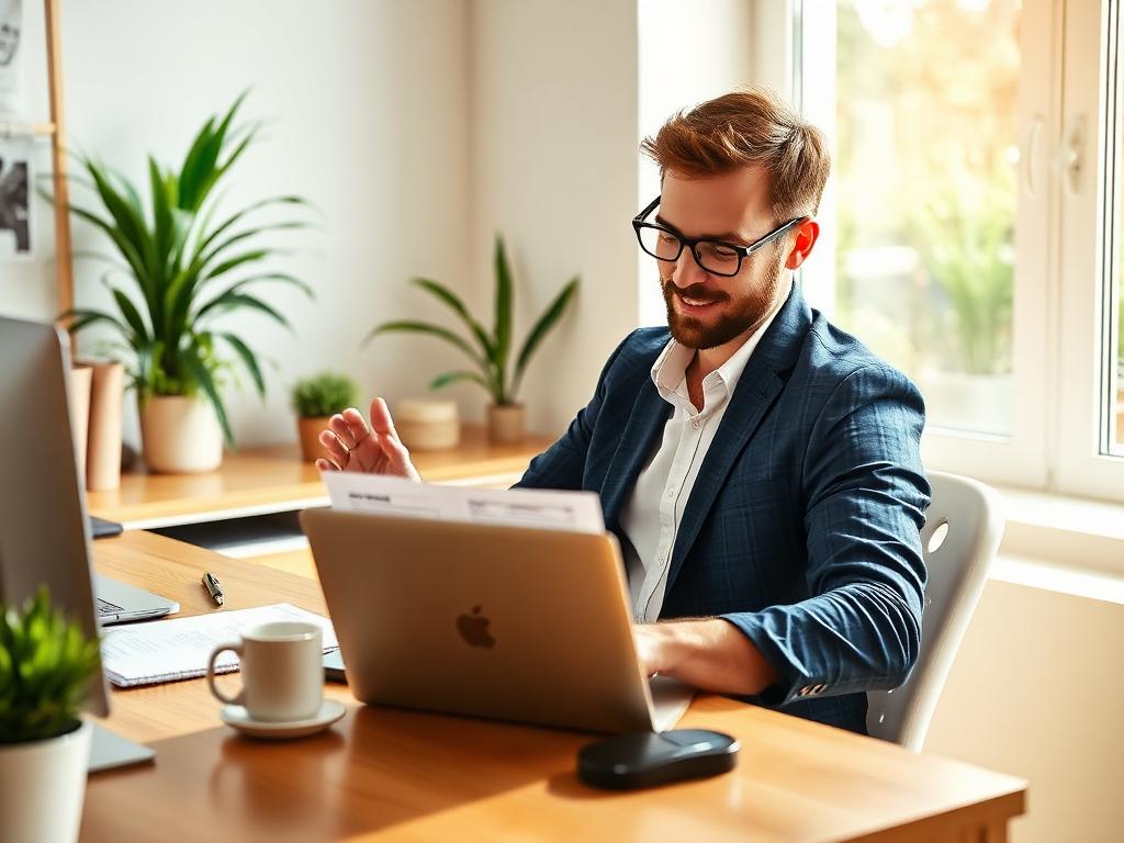 An independent consultant reviewing an invoice on a laptop