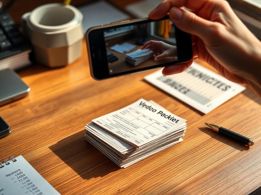 A stack of vendor bills being photographed on a desk